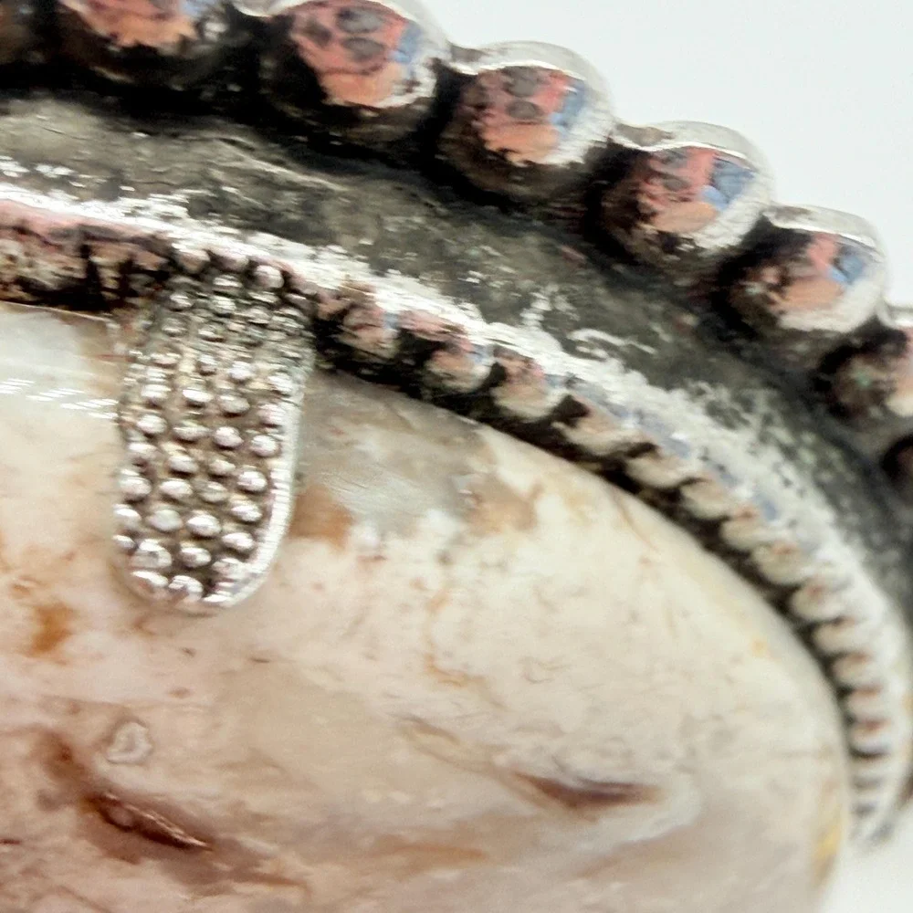 Vintage Agate Brown Stone Oval Brooch w/ Silver Tone Border